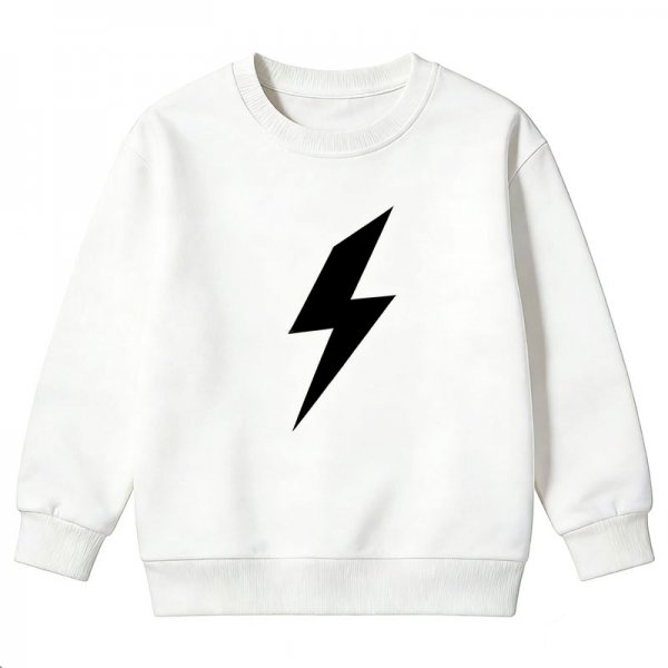 Kids' White Crew Neck Sweatshirt with Cool Black Lightning Print