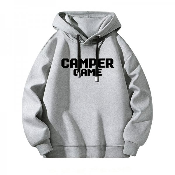 Men's Light Gray Hoodie with "CAMPER GAME" Black Letter Print