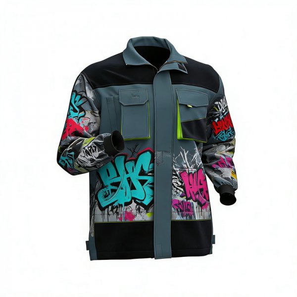 Men's Graffiti Print Workwear Jacket with Neon Green Accents