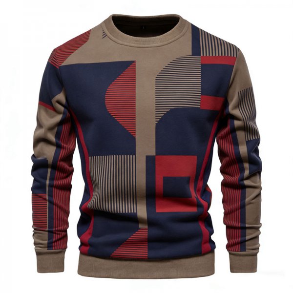 Men's Khaki/Navy/Red Geometric Patchwork Crew Neck Sweatshirt