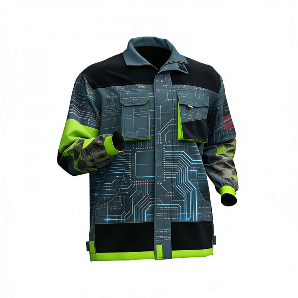 Men's Circuit Board Print Workwear Jacket with Tech-Style Neon Details