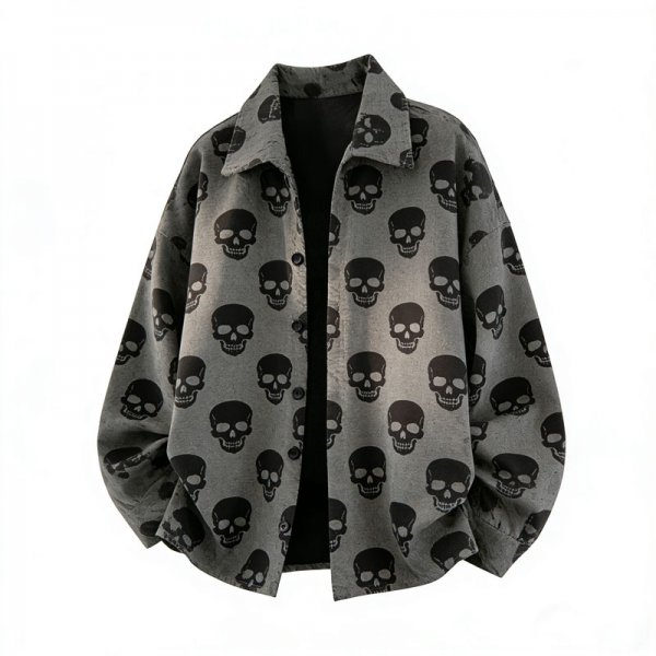 Men's Gray Oversized Shirt Collar Jacket with Black Skull Print