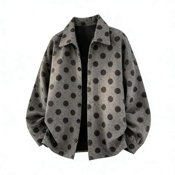 Men's Gray Oversized Shirt Collar Jacket with Black Polka Dot Print
