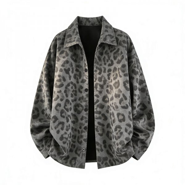 Men's Gray Oversized Shirt Collar Jacket with Gray Leopard Print