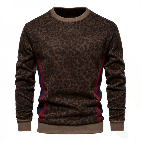Men's Brown Leopard Print Crew Neck Sweatshirt with Red-Blue Side Stripes