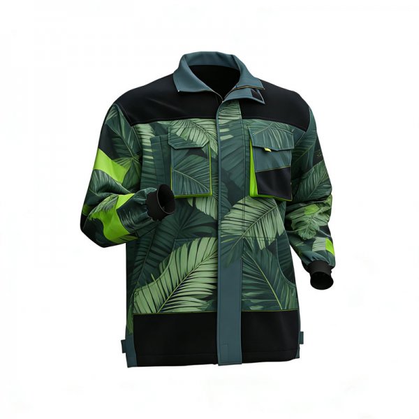 Men's Tropical Leaf Print Workwear Jacket with Neon Green Trim