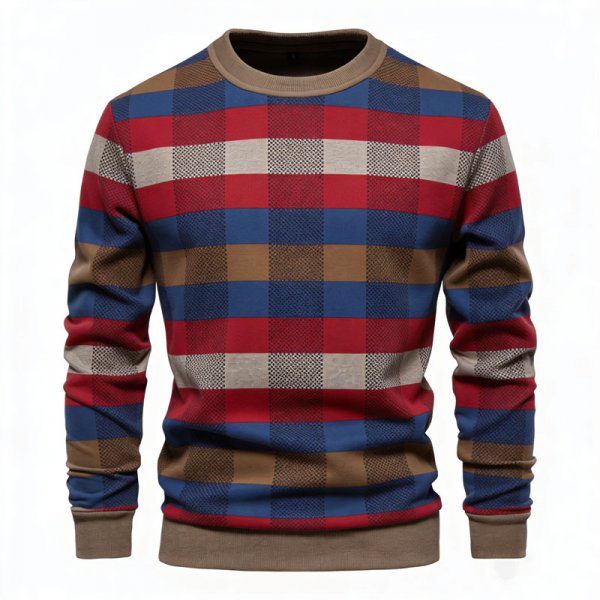 Men's Multi-Color Plaid Crew Neck Sweatshirt (Red/Blue/Khaki)