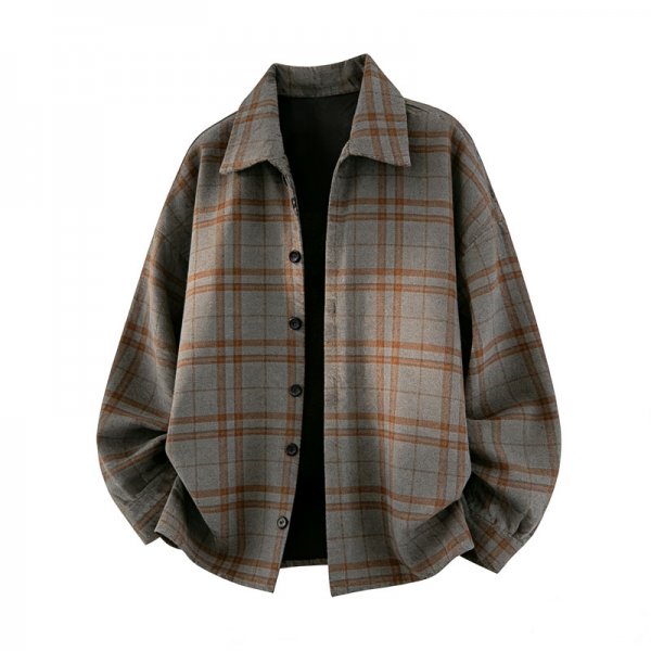 Men's Gray Oversized Shirt Collar Jacket with Brown Plaid Print