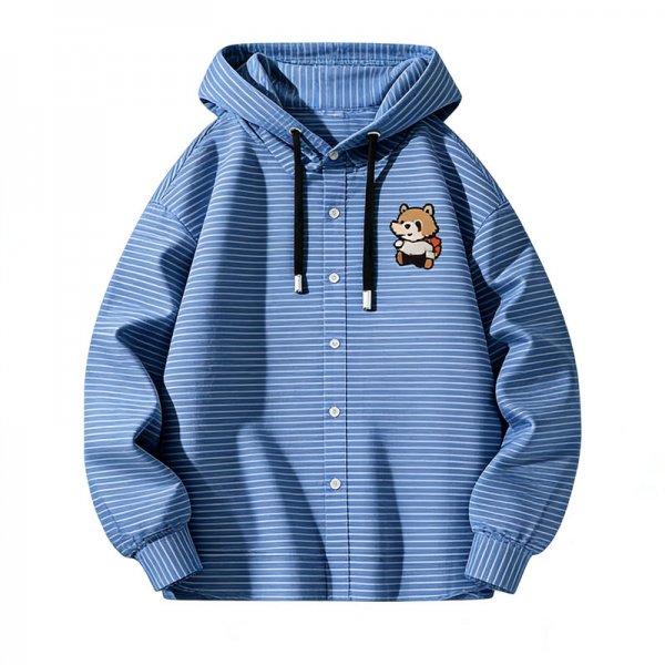 Men's Blue-White Stripe Hooded Shirt with Squirrel Embroidery