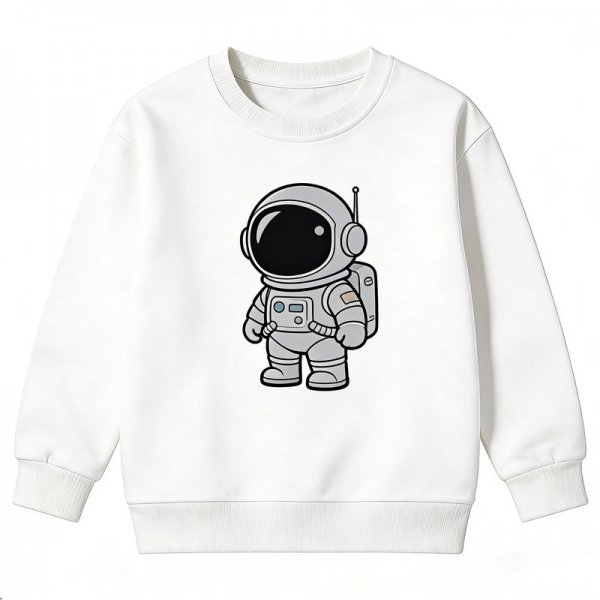 Kids' White Crew Neck Sweatshirt with Cute Astronaut Print