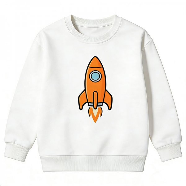 Kids' White Crew Neck Sweatshirt with Orange Rocket Print