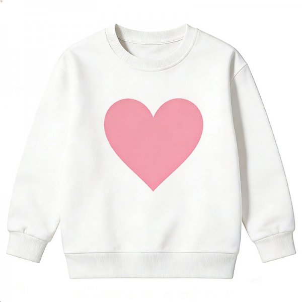 Kids' White Crew Neck Sweatshirt with Sweet Pink Heart Print
