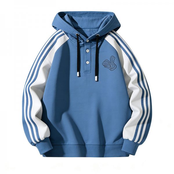 Men's Blue-White Color Block Hoodie with Striped Sleeves & Wave Embroidery