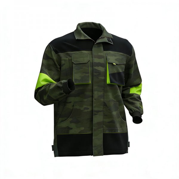 Men's Green Camouflage Workwear Jacket with Neon Green Contrast Panels