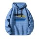 Men's Blue-White Stripe Hooded Shirt with Watercolor Brushstroke Print