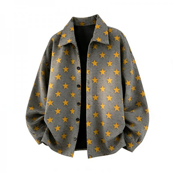 Men's Gray Oversized Shirt Collar Jacket with Yellow Star Print
