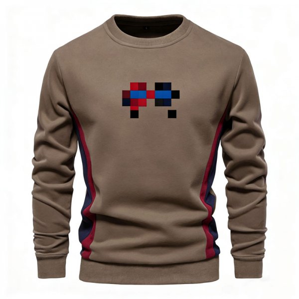 Men's Khaki Crew Neck Sweatshirt with Pixel Pattern & Red-Blue Side Stripes