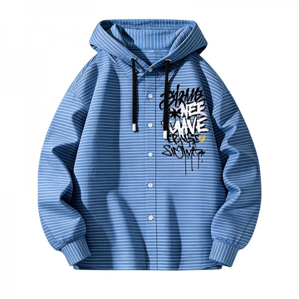 Men's Blue-White Stripe Hooded Shirt with Black Graffiti Letter Print