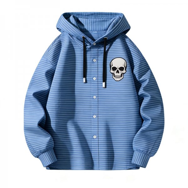 Men's Blue-White Stripe Hooded Shirt with White Skull Embroidery