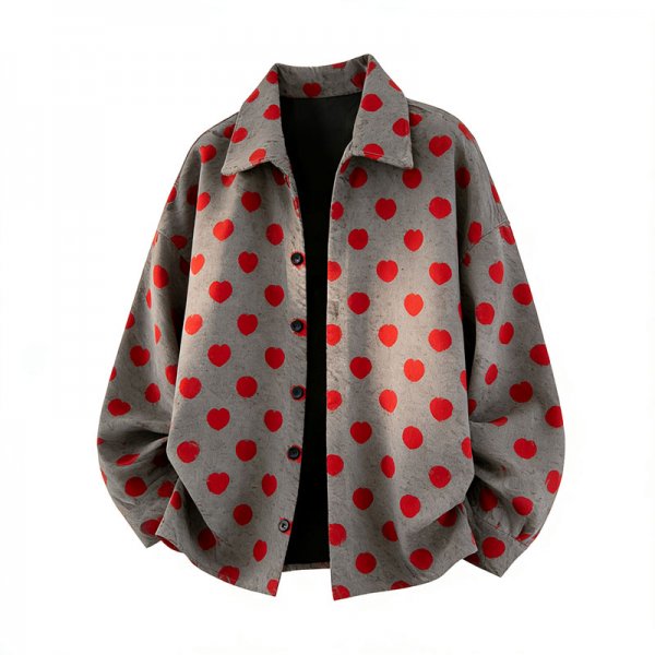 Men's Gray Oversized Shirt Collar Jacket with Red Heart Print