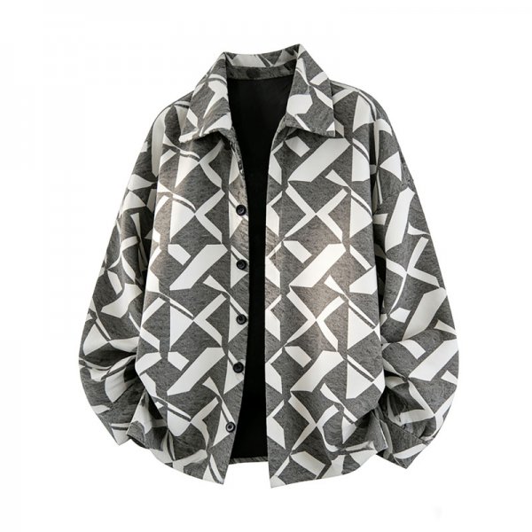 Men's Gray Oversized Shirt Collar Jacket with White Geometric Print
