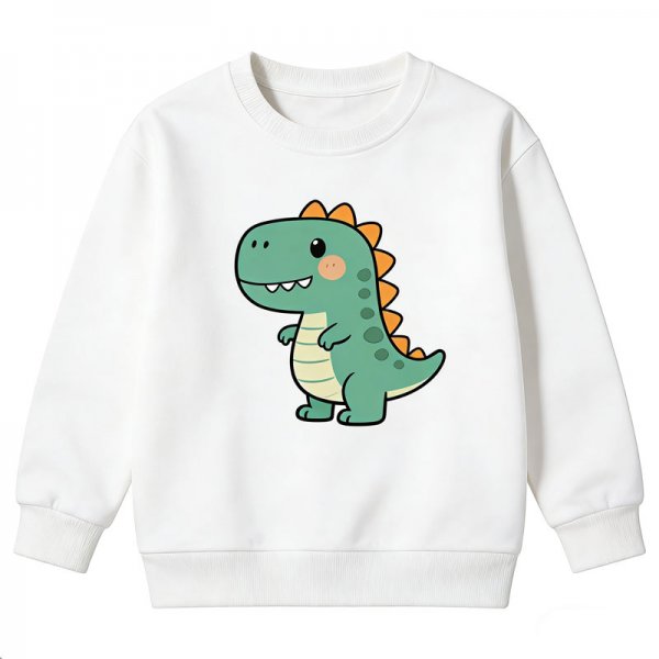 Kids' White Crew Neck Sweatshirt with Cute Green Dinosaur Print