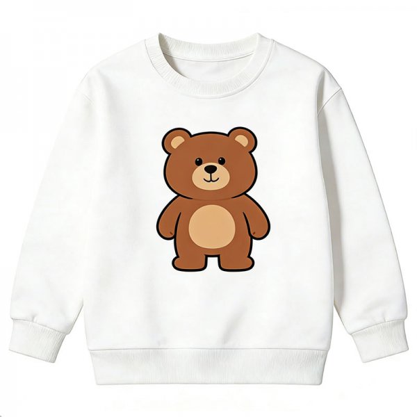 Kids' White Crew Neck Sweatshirt with Cute Brown Teddy Bear Print