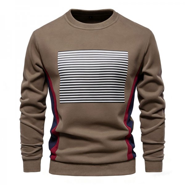 Men's Khaki Crew Neck Sweatshirt with Black-White Stripe Square & Red-Blue Side Stripes
