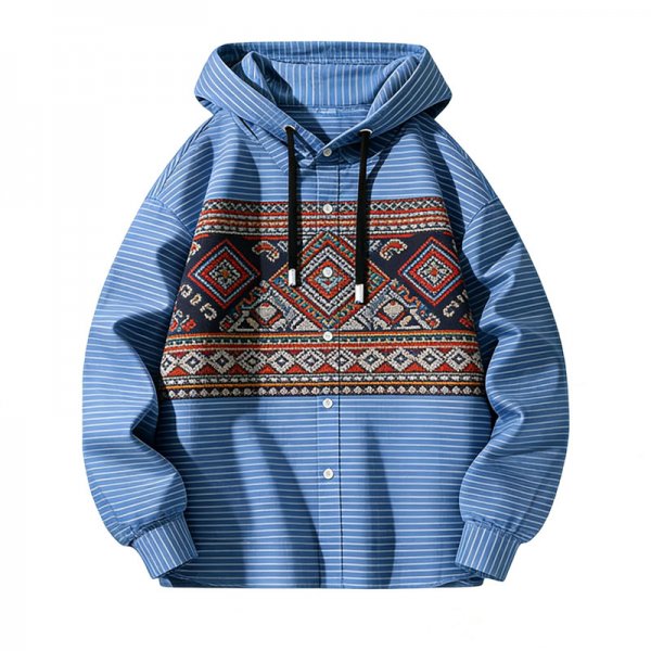 Men's Blue-White Stripe Hooded Shirt with Ethnic Geometric Panel Print