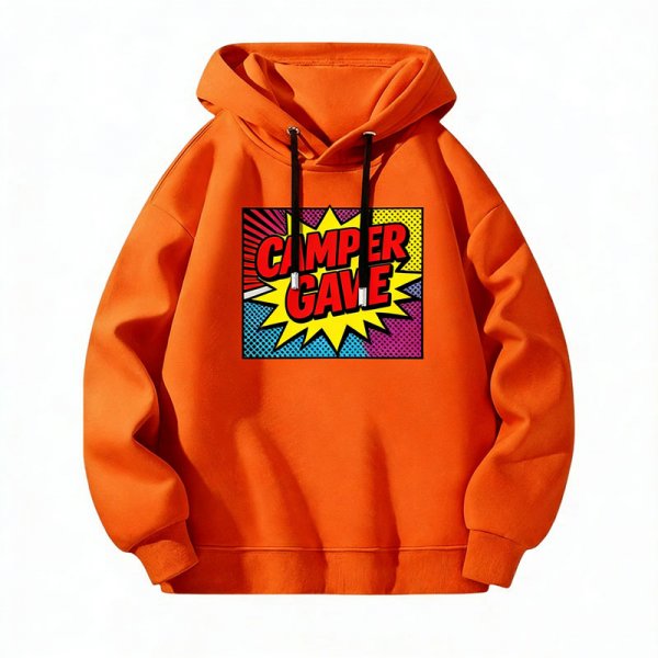 Men's Orange Hoodie with Pop Art "CAMPER GAVE" Print