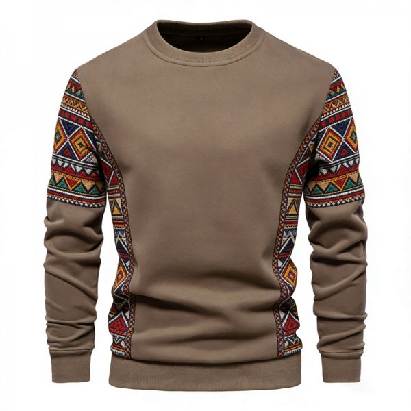 Men's Khaki Crew Neck Sweatshirt with Ethnic Geometric Side Print