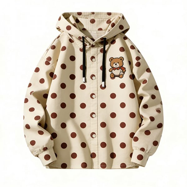 Men's Beige-Brown Polka Dot Hooded Shirt with Teddy Bear Embroidery