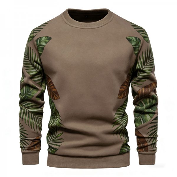 Men's Khaki Crew Neck Sweatshirt with Tropical Leaf Side Print