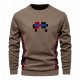 Men's Khaki Crew Neck Sweatshirt with Pixel Pattern & Red-Blue Side Stripes