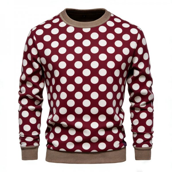 Men's Burgundy & White Polka Dot Crew Neck Sweatshirt with Khaki Trim