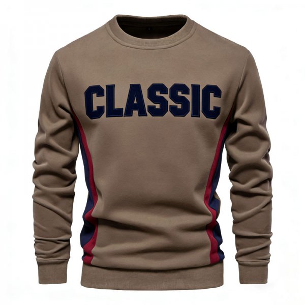 Men's Khaki Crew Neck Sweatshirt with "CLASSIC" Letter & Red-Blue Side Stripes