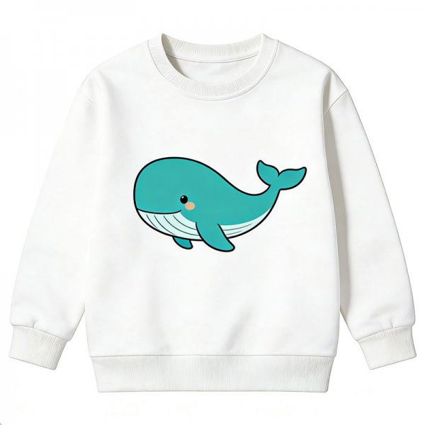Kids' White Crew Neck Sweatshirt with Cute Turquoise Whale Print