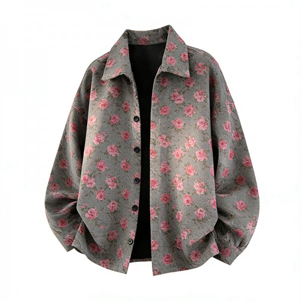 Men's Gray Oversized Shirt Collar Jacket with Pink Floral Print