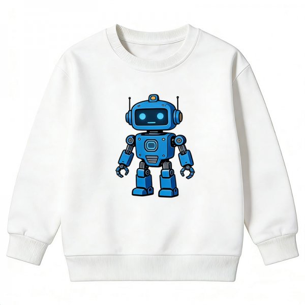 Kids' White Crew Neck Sweatshirt with Cute Blue Robot Print